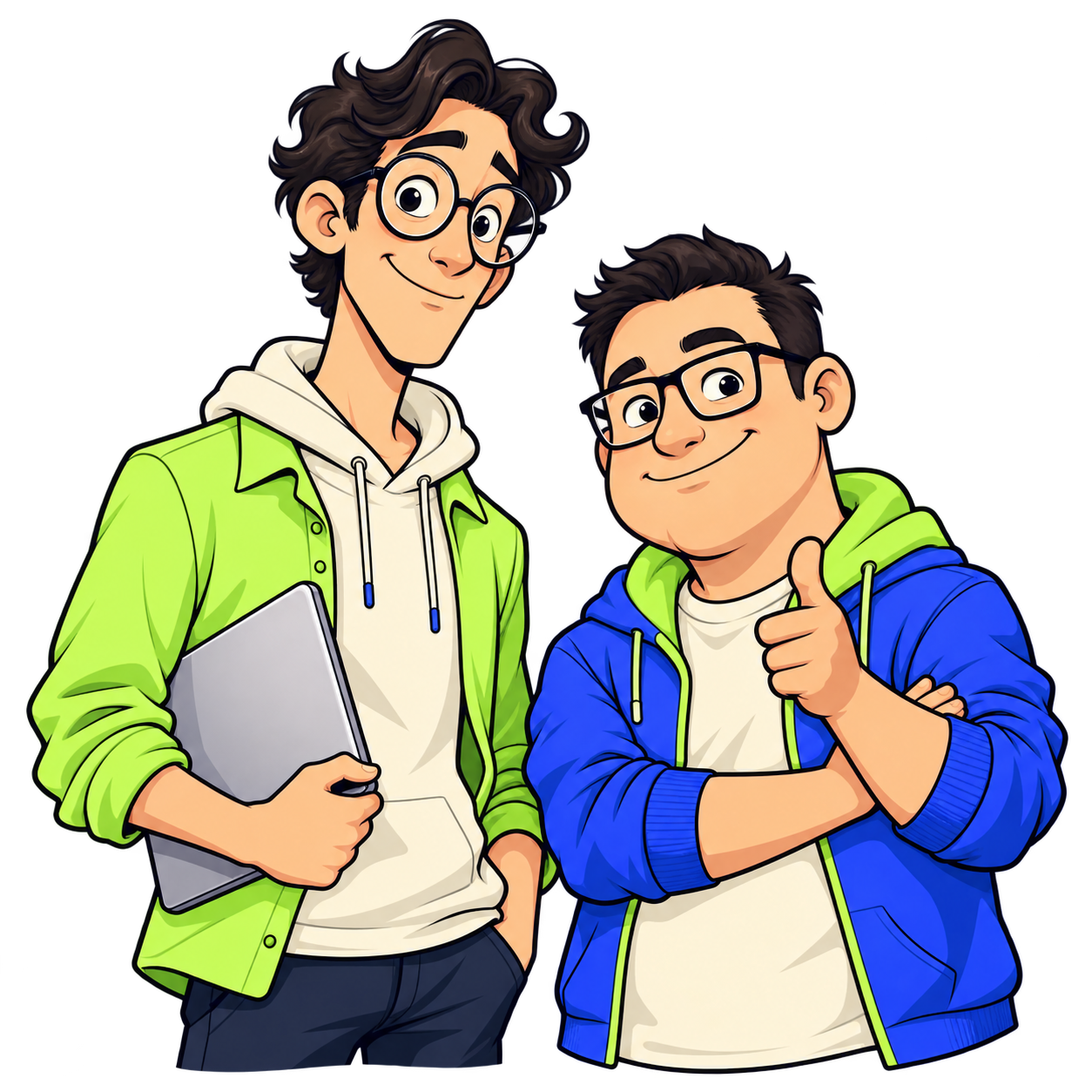 Two smiling cartoon nerds wearing glasses, one holding a laptop